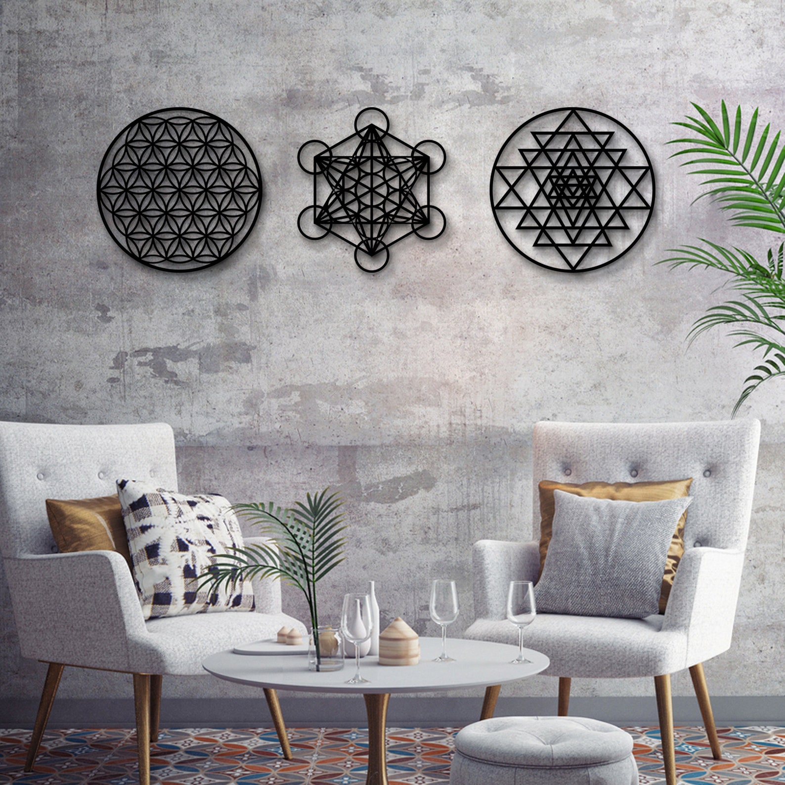 Sacred Geometry Wall Art Sri Yantra Flower of Life Metal Etsy