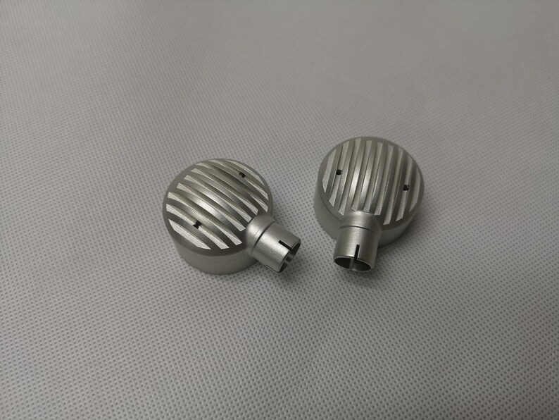 May include: Two silver metal earbud tips with a ridged design and small holes.