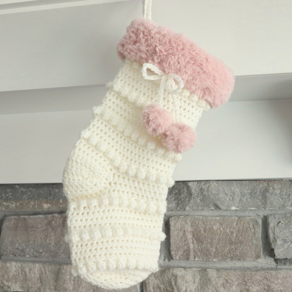 Cream Blush Pink Trim Boho Bobble Christmas Stocking - Blush Modern Stocking - Pink Faux Fur Stocking - Blush Pink Luxury Faux Fur Stocking