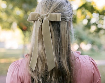 Tan Velvet Hair Bow Barrette: Long Ribbon Tails