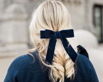 Navy Velvet Hair Bow Barrette