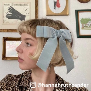 Powder Blue Velvet Hair Bow Short Ribbon Tails French Barrette | Grace & Grandeur Judy Short Bow