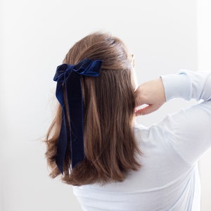 Navy Blue Velvet Hair Bow Long Ribbon Tails French Barrette | Grace & Grandeur Judy Long Bow