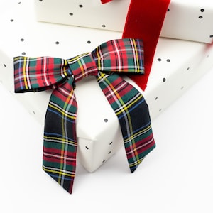 Black Stewart Tartan Plaid Fabric Hair Bow | Grace & Grandeur Emily Bow