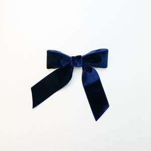 Navy Velvet Hair Bow Short Ribbon Tails French Barrette | Grace & Grandeur Delora Bow