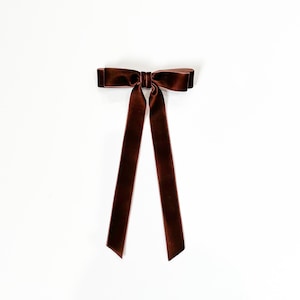 Coffee, Brown Velvet Hair Bow Long Ribbon Tails French Barrette | Grace & Grandeur Alice Long Bow