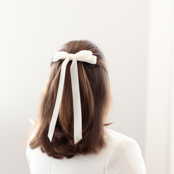 Ivory Velvet Hair Bow Long Tail French Barrette, Bridal Hair Accessory | Grace & Grandeur Alice Long Bow