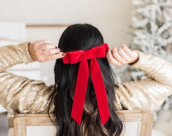 Red Velvet Hair Bow: Long Ribbon Tails, French Barrette