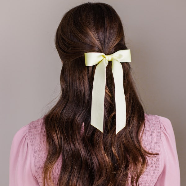 Yellow Satin Ribbon Hair Bow Barrette, Bow Clip | Grace & Grandeur Florence Satin Bow