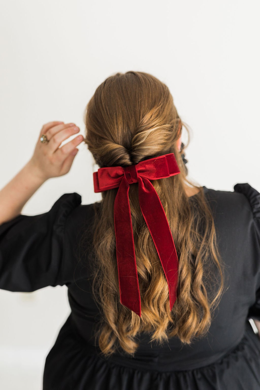 Red Velvet Long Tail Hair Bow, Velvet Hair Tie, Ribbon Bow