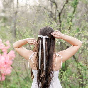 Bridal White Extra Long Thin Satin Ribbon Hair Bow Barrette, Bow Clip | Grace & Grandeur Micro Alice XL Satin Bow