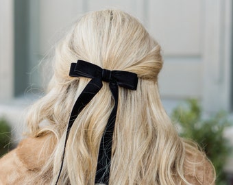 Black Velvet Hair Bow Long Ribbon Tails French Barrette | Grace & Grandeur Alice Long Bow