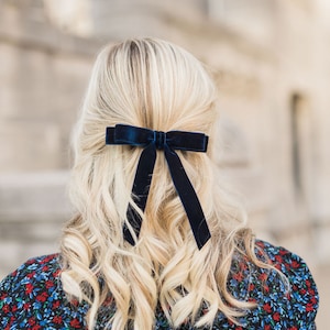 Navy Velvet Hair Bow Short Ribbon Tails French Barrette | Grace & Grandeur Alice Short Bow