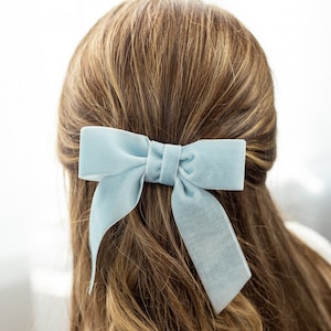 Powder Blue Velvet Hair Bow Short Ribbon Tails French Barrette | Grace & Grandeur Delora Bow