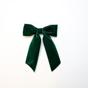 Emerald Oversized Velvet Hair Bow Long Ribbon Tails French Barrette | Grace & Grandeur Bailee Bow