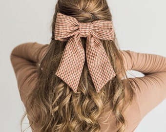 Brown and Tan Houndstooth Oversized Fabric Bow French Barrette | Grace & Grandeur Lucy Bow