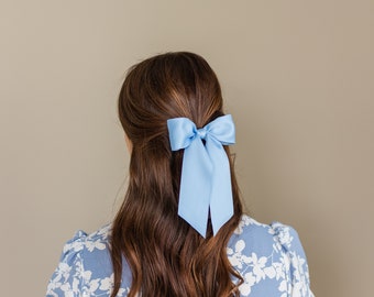 Chambray Blue Large Matte Satin Hair Bow Barrette, Bow Clip, Easter Gift Preteen Teen Tween Girl | Grace & Grandeur Bailee Bow