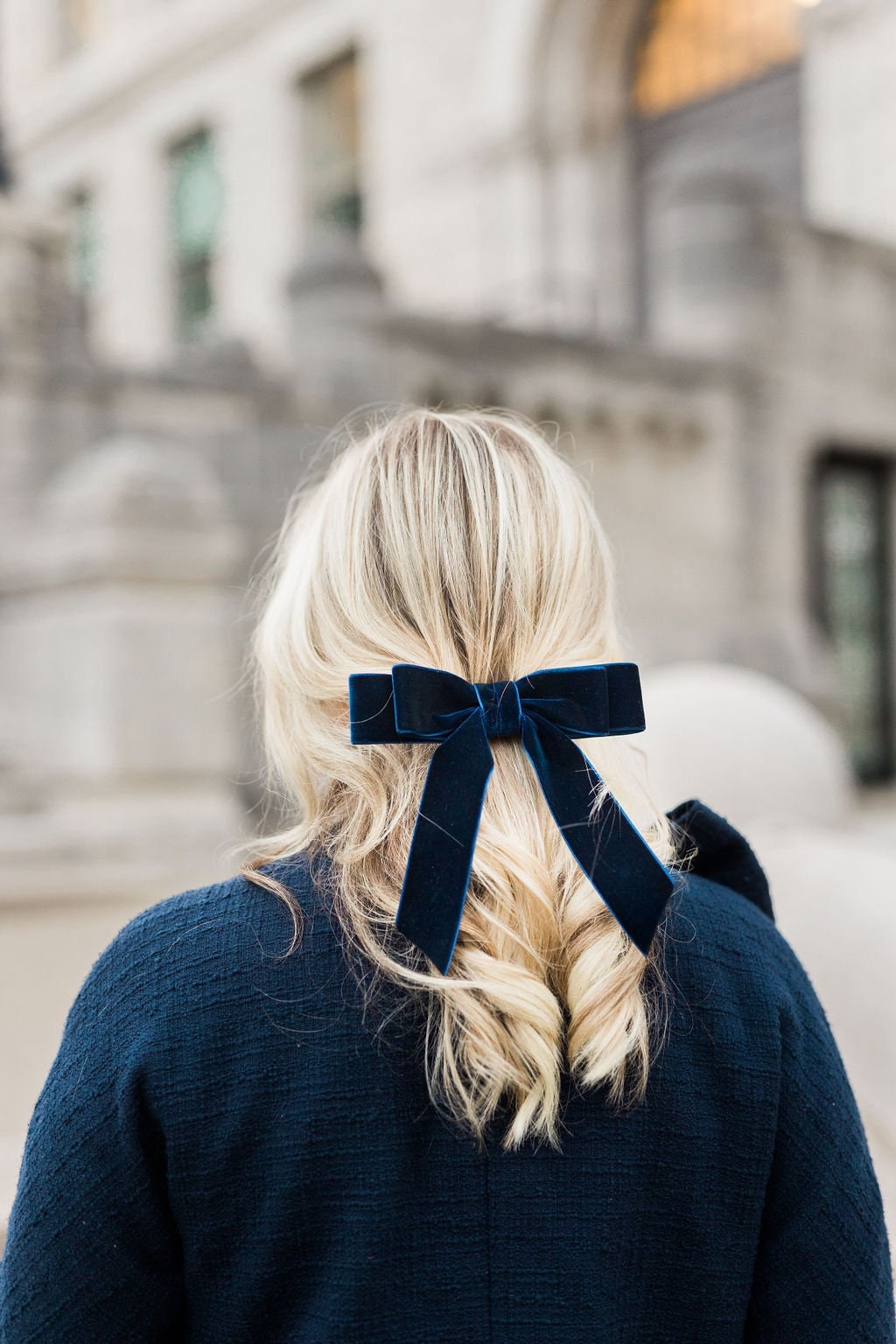 Navy Velvet Hair Bow Short Ribbon Tails French Barrette | Grace & Grandeur  Judy Short Bow