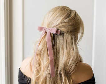 Dusty Mauve Velvet Hair Bow Barrette: Thin Long Ribbon Tails