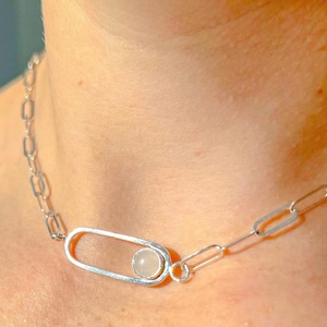 Necklace paperclip chain in sterling silver with bezel set stone ( pink quartz or aventurine )