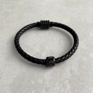 Leather bracelet with laser engraved bead with a magnetic clasp stainless steel
