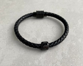 Leather bracelet with laser engraved bead with a magnetic clasp stainless steel