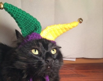 Mardi Gras, Court Jester, Jester, Hats for Cats, Cat Costumes, Pet Costumes, Cat Hat, Cat Accessories, Cats, Cat Photo Prop, Crocheted Hat