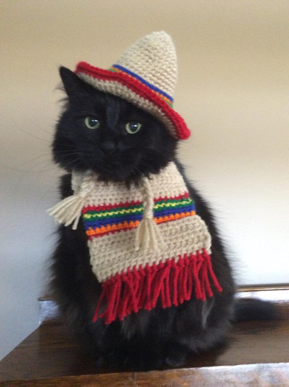 Cinco De Mayo, Sombrero, Poncho, Hats for Cats, Cat Costumes, Pet Costumes,  Cat Hat, Cat Accessories, Cat Photo Prop, Crocheted Cat Hat 