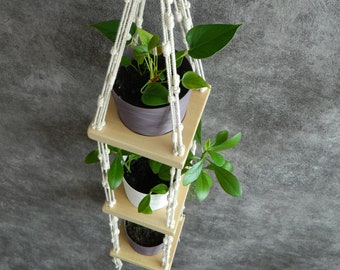 Macrame Plant Hanger with Wood Shelf: Indoor Hanging Planter
