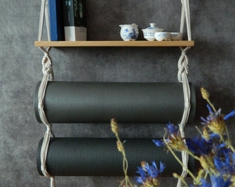 Yoga mat / bolster wall holder with book shelf, Macrame wall storage, Foam roller rack, Yoga mat carrier, Macrame shelf, Housewarming gift