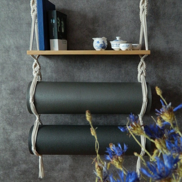 Yoga mat / bolster wall holder with book shelf, Macrame wall storage, Foam roller rack, Yoga mat carrier, Macrame shelf, Housewarming gift