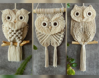 Set of 3 macrame owl wall hangings, 3 piece wall art , Small black beige or white tapestry, Heartwarming decor, Boho wall art, Senior gifts