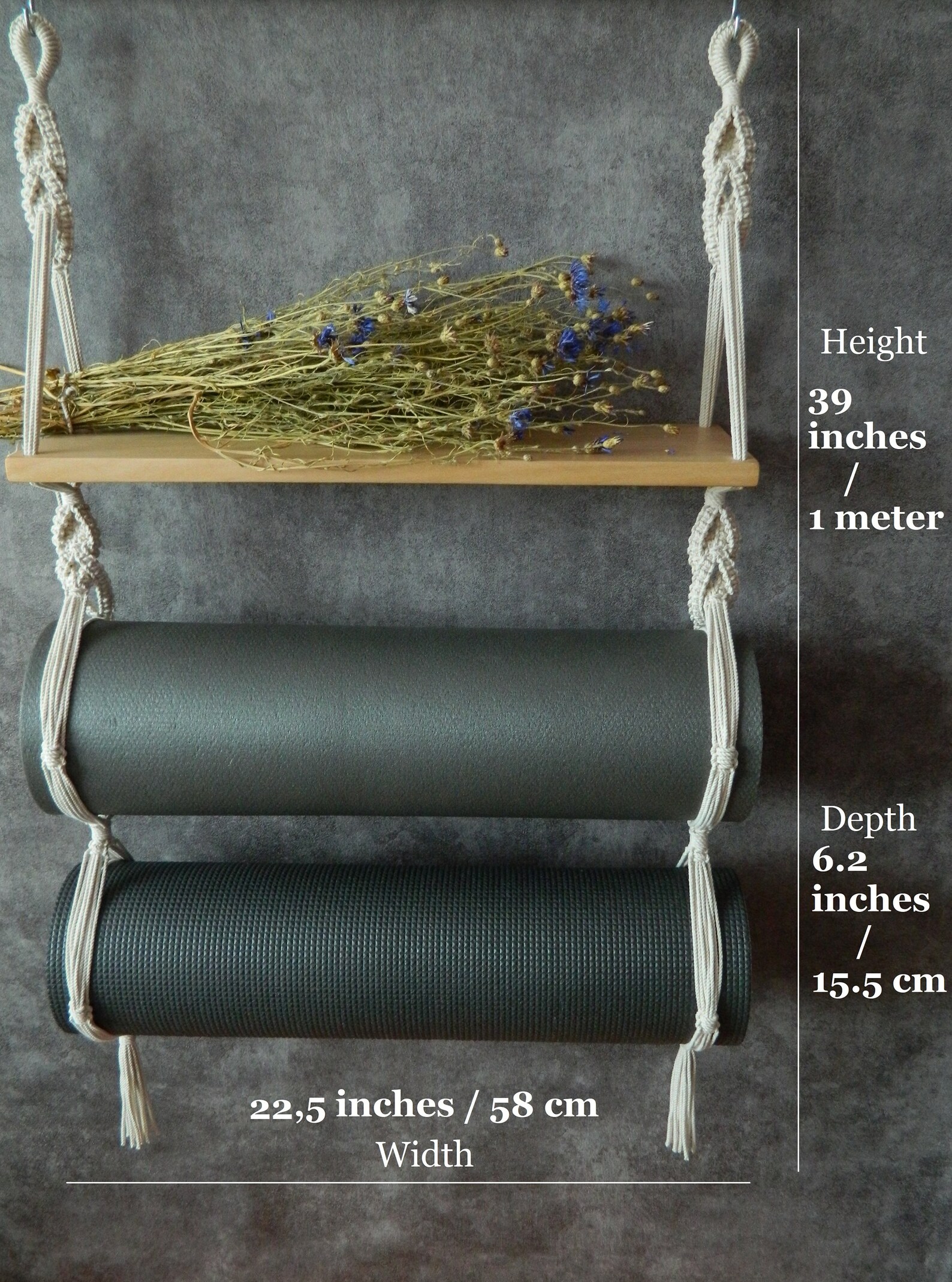 Yoga Mat / Bolster Wall Holder, Handmade Wood Furniture, 1 or 2 Tier Macrame Wall Storage, Foam