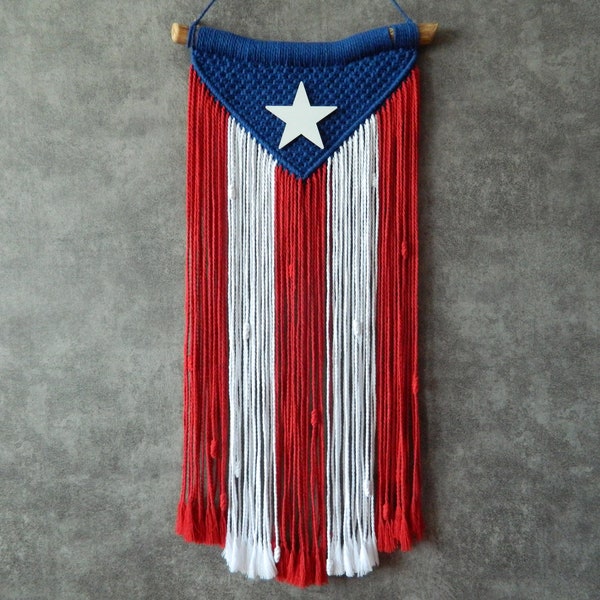 Puerto rico flag, Yarn wall hanging, Macrame wall hanging pattern, Puerto Rican wall art, Patriotic tapestry, Housewarming gift