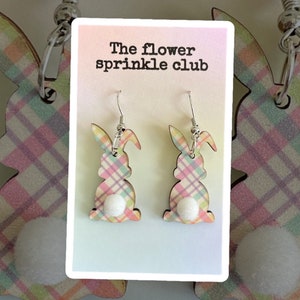 Wooden pastel Easter Bunny Earrings with Pom Pom tails