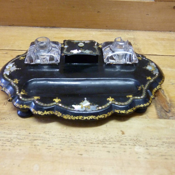 Victorian Papier-mache Hand Painted Mother of Pearl Inlaid Inkstand