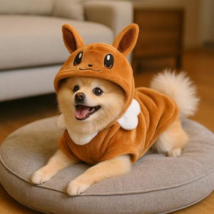 Puede incluir: Un perro pequeño con un disfraz con capucha marrón con orejas grandes y un cuello blanco. El perro está acostado en una cama redonda gris para perros. El disfraz tiene una cara de dibujos animados en la capucha.
