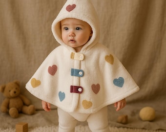 Baby Hooded Cape with Heart Design: Cozy Fleece Poncho Cloak