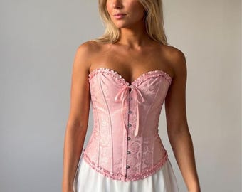 Top corsé rosa con estampado floral, bustier de satén, corsé coqueto, top estilo Fairycore, corsé romántico, ropa estilo Cottagecore, regalo para ella.