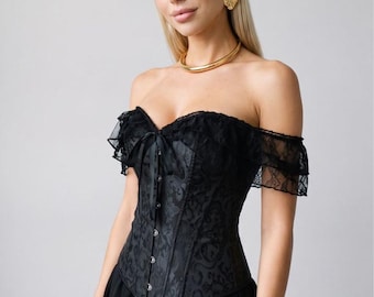 Top corsé negro con encaje, corsé de novia, corsé con hombros descubiertos, top cottagecore, corsé fairycore, bustier de encaje, regalo de corsé de boda