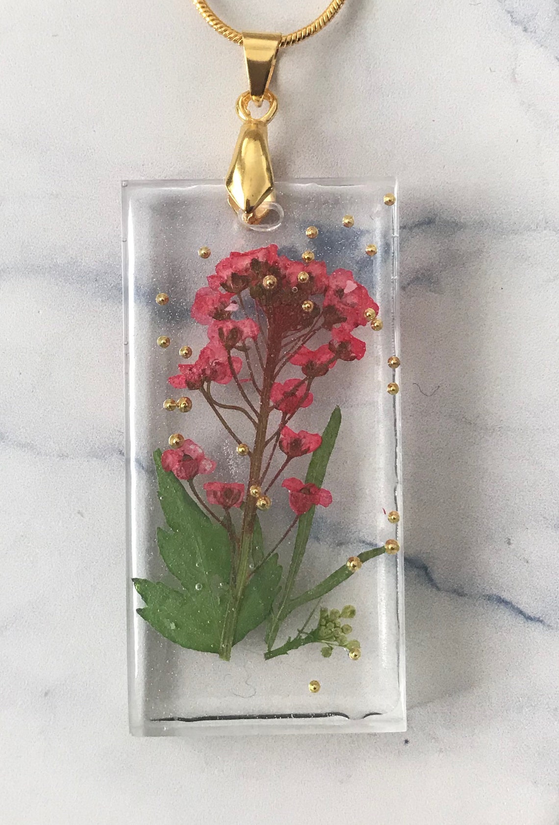 Resin Pendant Necklace With Real Flower and Gold Sparkles Etsy