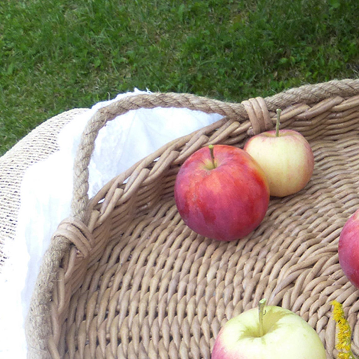 Large round wicker tray with sandcolored handles for coffee Etsy