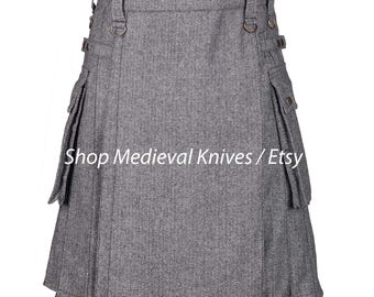 Grey Tweed Wool Utility Kilt | Scottish Premium Handmade | Real 16 Oz Wool | Highlander Kilt for Men | Cargo Kilt | Made to Order