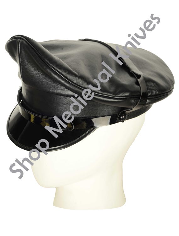 Black Leather Muir Hat - Leather Police Cap - Biker Peaked  display picture 3