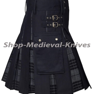 Men's Scottish Handmade Black Cotton Modern Hybrid Kilt - Tartan Pleated Custom Made Utility Kilt for Men - Cargo Pockets Modern Kilt