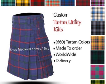 Scottish Tartan Utility Kilt - Kilt for Men - Highlander Modern Tactical Cargo Pockets Kilt - Made to Order - 60 Tartan Colors