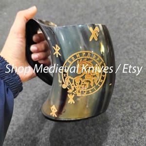 Personalized Laser Engraved Authentic Buffalo Horn Mug | Handcrafted Medieval Mug for Ale,Beer & Mead | Viking Drinking Horn Tankard