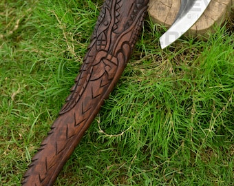 Handmade Carbon Steel Bearded Hatchet Tomahawk Axe  -Hand-Forged Carbon Steel Viking Axe: Engraved Wood Handle, Leather Sheath