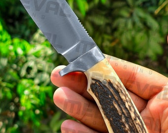 Faca de caça feita à mão com cabo de veado em aço D2 de 8 polegadas, faca de acampamento com espiga completa, faca Skinner e bainha