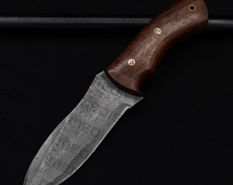 10 Inches Handmade Damascus Steel Skinner Hunting Knife, Camping Knife, Survival Wood Handle Knife & Leather Sheath